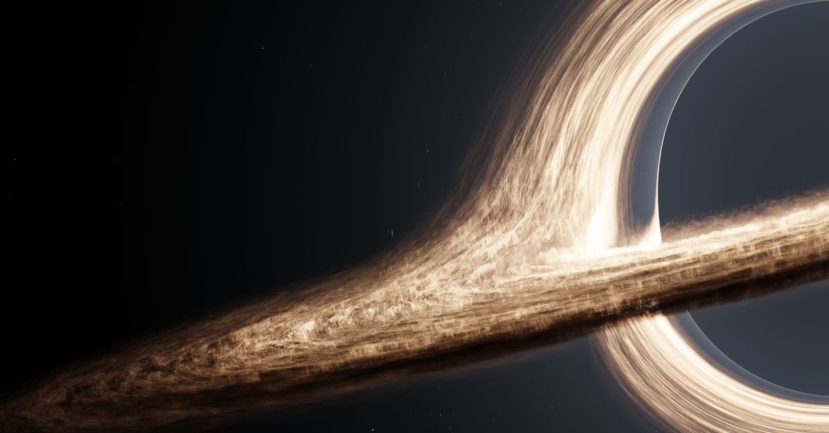 Dramatic CGI rendering of a black hole with swirling accretion disk.